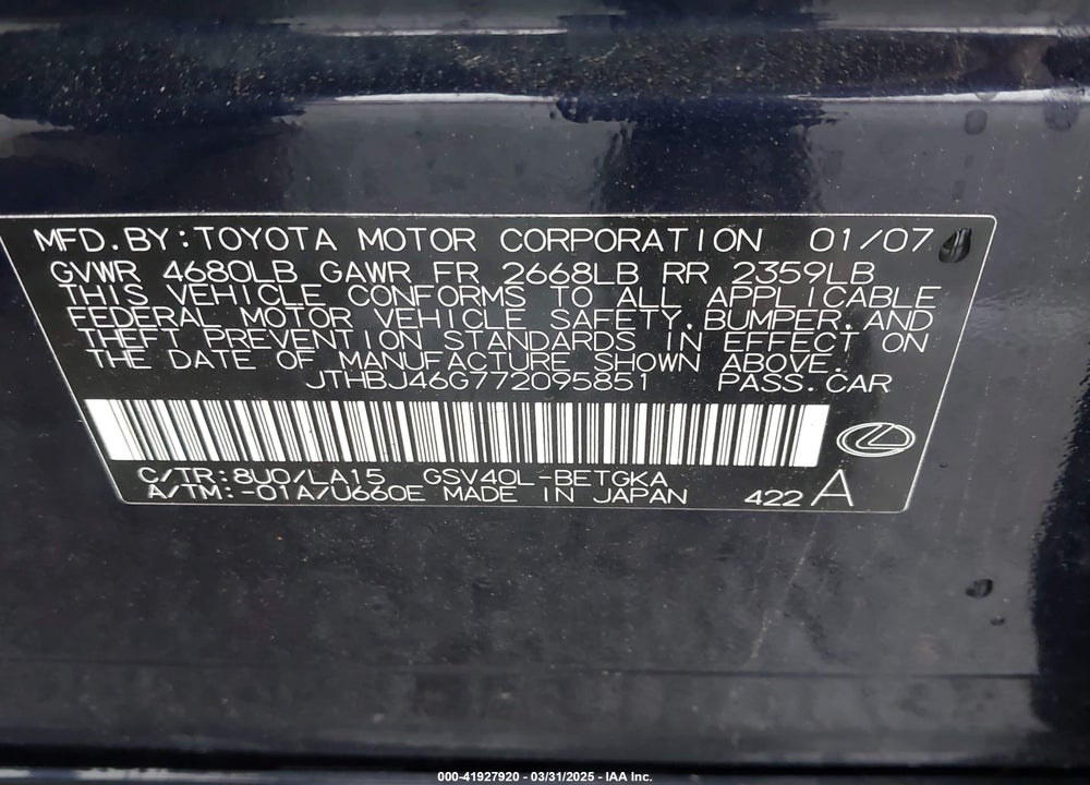 2007 LEXUS ES 350 VIN: JTHBJ46G772095851