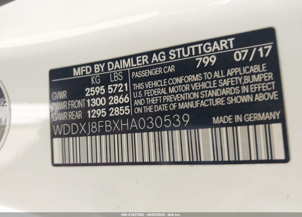 2017 MERCEDES-BENZ S 550 4MATIC VIN: WDDXJ8FBXHA030539