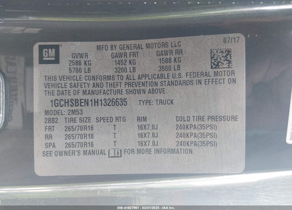 2017 CHEVROLET COLORADO WT VIN: 1GCHSBEN1H1326635