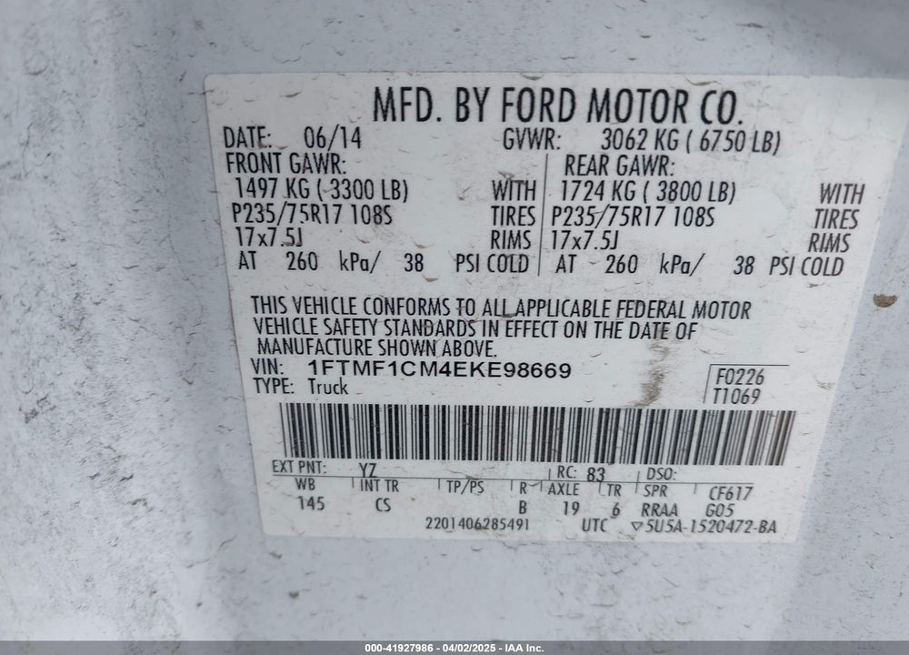 2014 FORD F-150 VIN: 1FTMF1CM4EKE98669