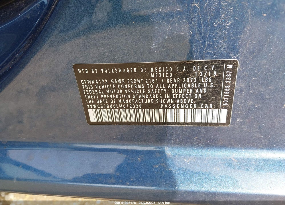 2020 VOLKSWAGEN JETTA VIN: 3VWCB7BU6LM012328