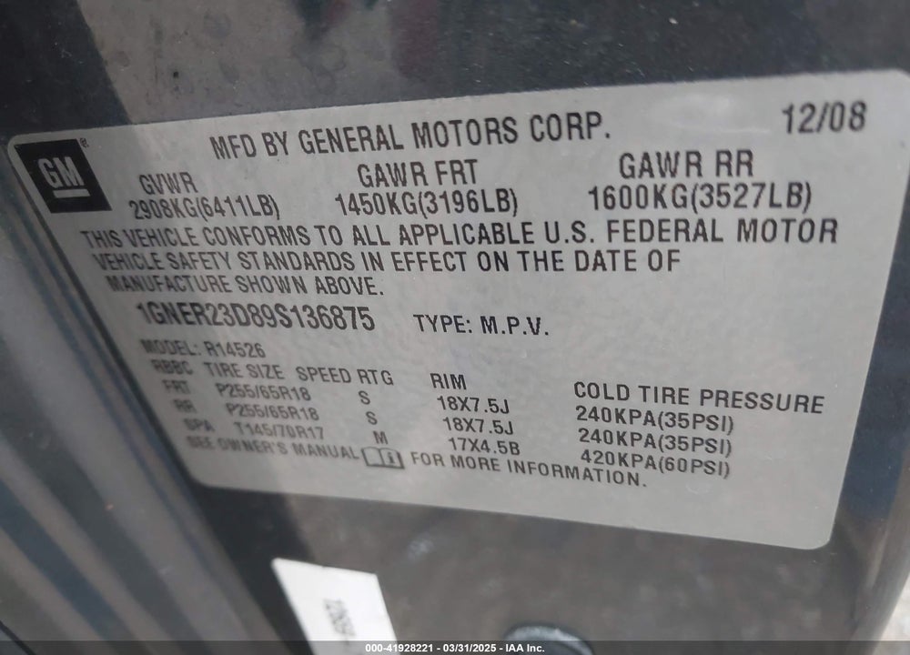 2009 CHEVROLET TRAVERSE VIN: 1GNER23D89S136875