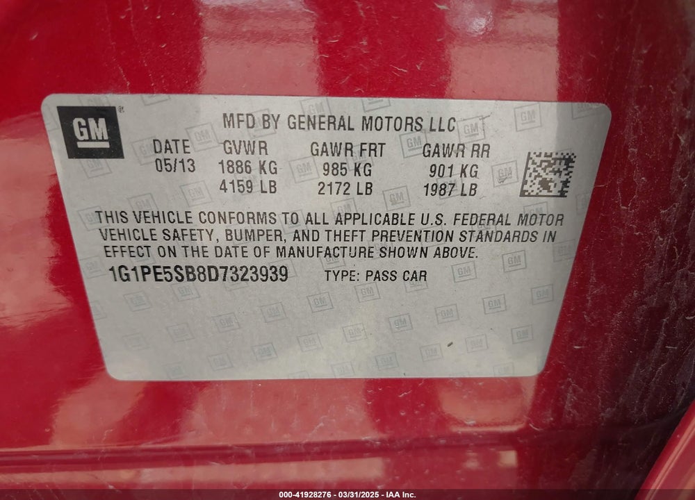 2013 CHEVROLET CRUZE VIN: 1G1PE5SB8D7323939