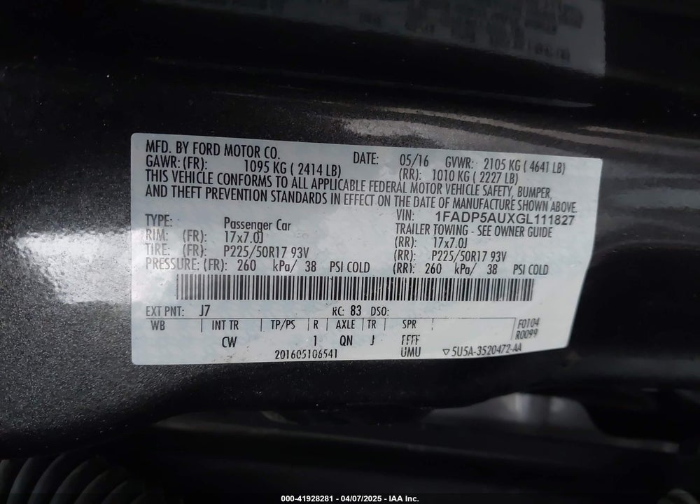 2016 FORD C-MAX HYBRID VIN: 1FADP5AUXGL111827