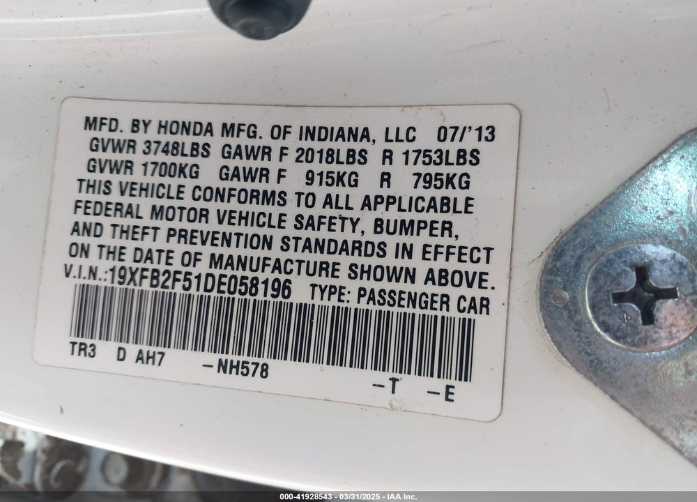 2013 HONDA CIVIC LX VIN: 19XFB2F51DE058196