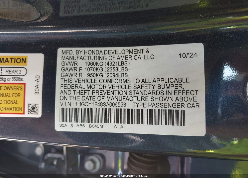2025 HONDA ACCORD VIN: 1HGCY1F48SA006553
