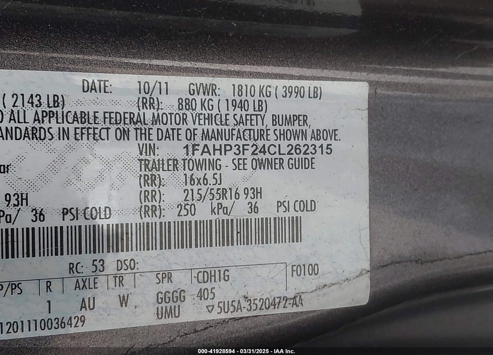 2012 FORD FOCUS VIN: 1FAHP3F24CL262315