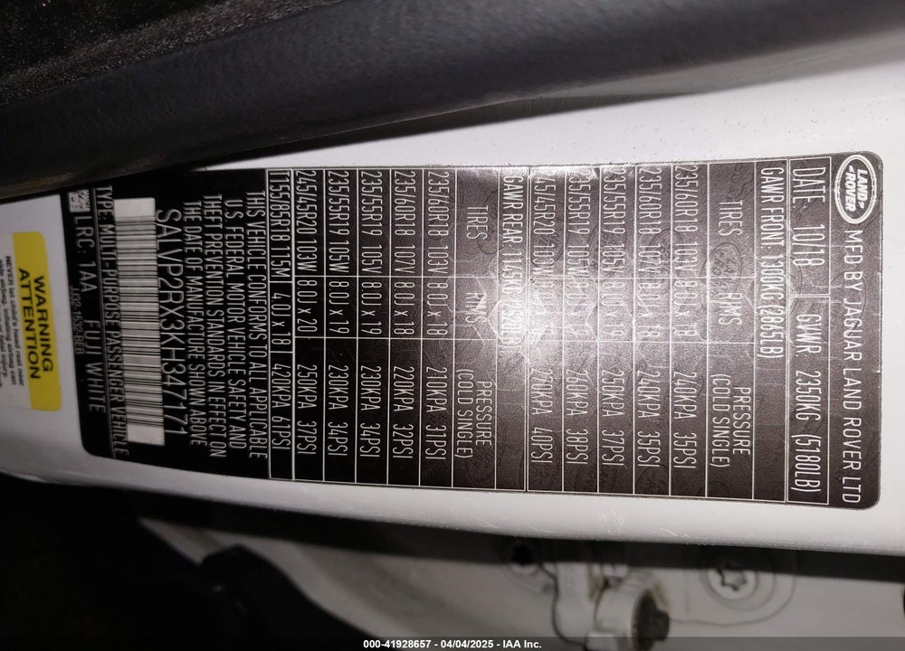 2019 LAND ROVER RANGE ROVER EVOQUE VIN: SALVP2RX3KH347171