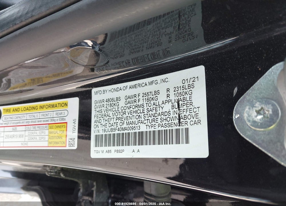 2021 ACURA TLX VIN: 19UUB5F40MA009513
