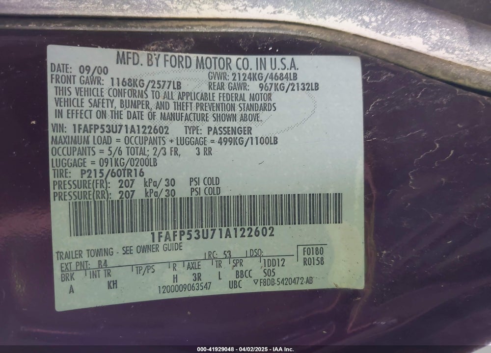 2001 FORD TAURUS SE VIN: 1FAFP53U71A122602