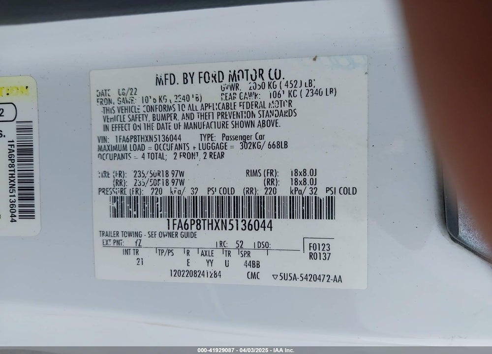 2022 FORD MUSTANG VIN: 1FA6P8THXN5136044