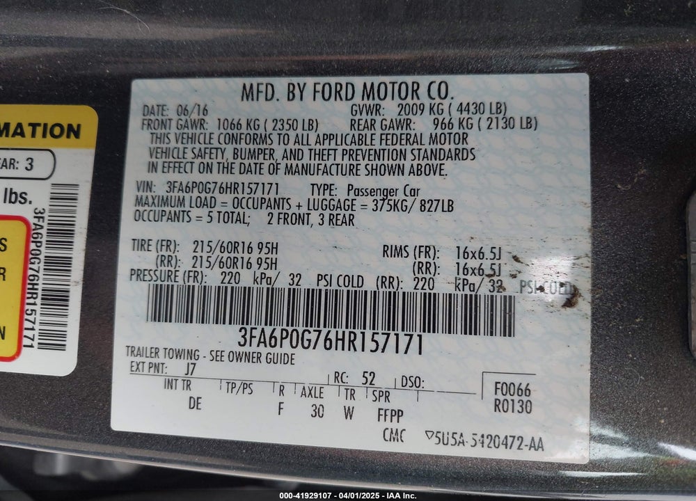 2017 FORD FUSION S VIN: 3FA6P0G76HR157171
