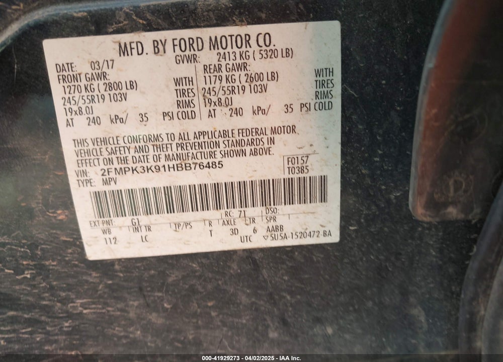 2017 FORD EDGE VIN: 2FMPK3K91HBB76485
