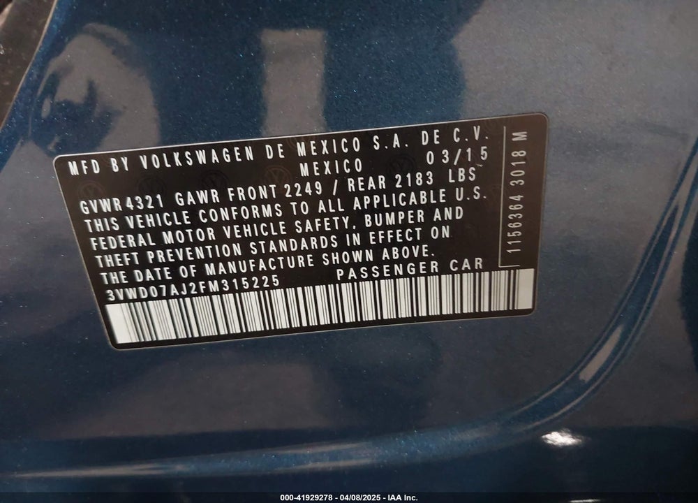 2015 VOLKSWAGEN JETTA VIN: 3VWD07AJ2FM315225