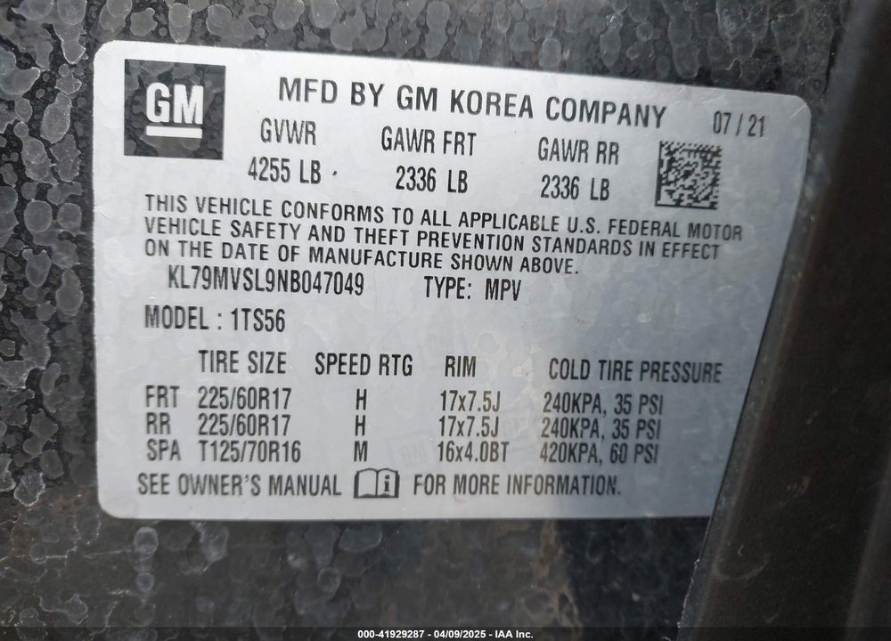 2022 CHEVROLET TRAILBLAZER VIN: KL79MVSL9NB047049