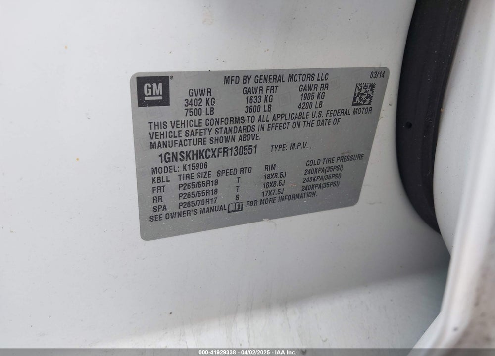 2015 CHEVROLET SUBURBAN 1500 LS VIN: 1GNSKHKCXFR130551