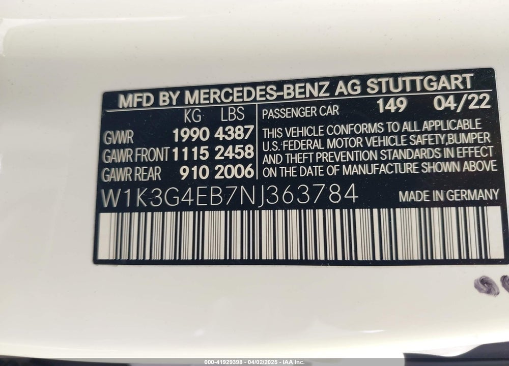 2022 MERCEDES-BENZ A 220 VIN: W1K3G4EB7NJ363784