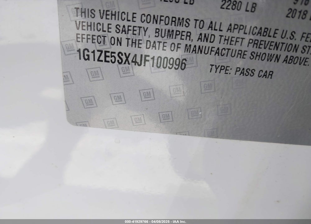 2018 CHEVROLET MALIBU VIN: 1G1ZE5SX4JF100996