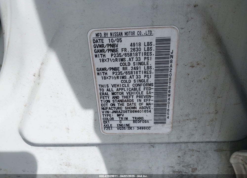 2006 NISSAN MURANO SL VIN: JN8AZ08T86W401654