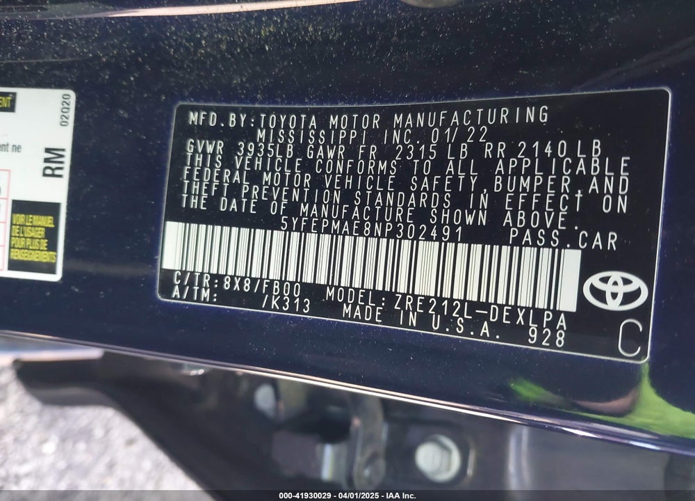 2022 TOYOTA COROLLA VIN: 5YFEPMAE8NP302491
