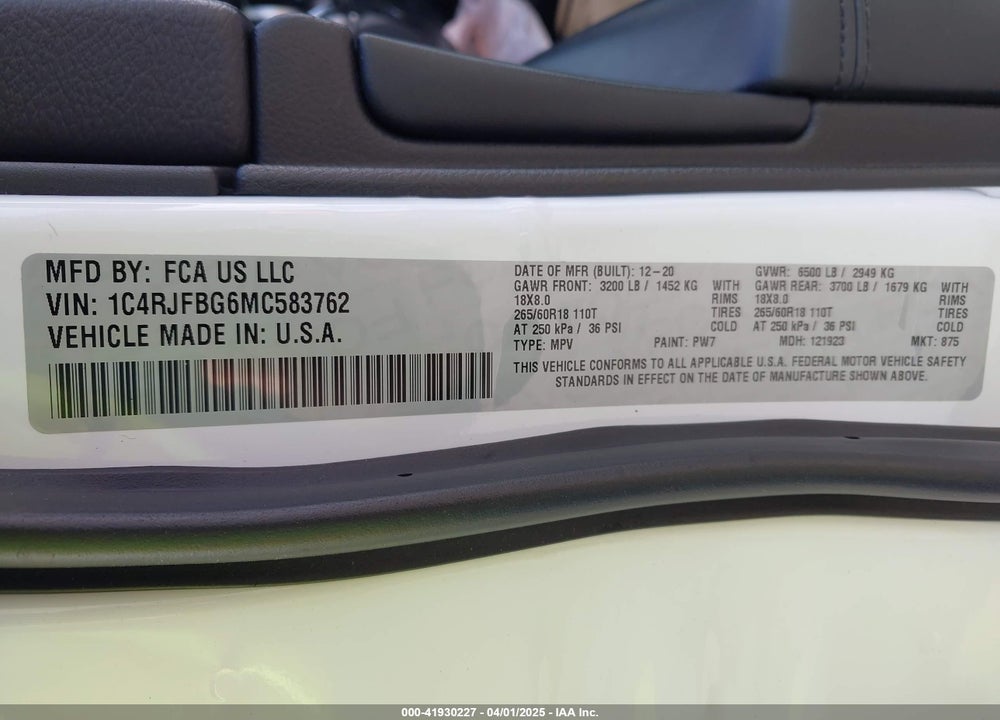 2021 JEEP GRAND CHEROKEE VIN: 1C4RJFBG6MC583762
