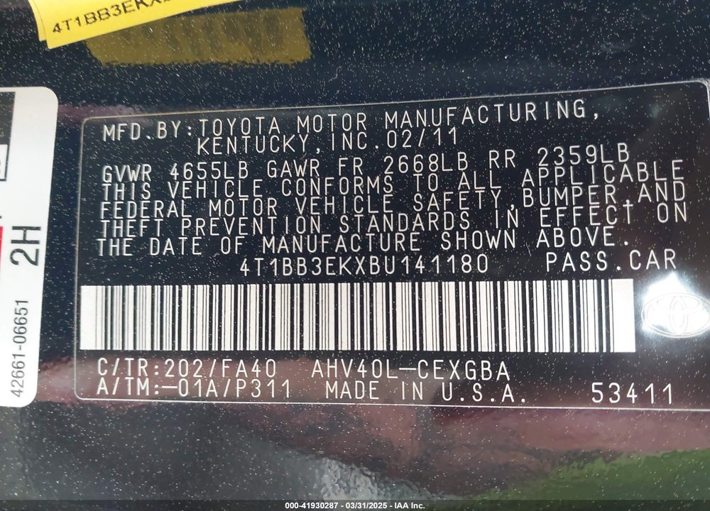 2011 TOYOTA CAMRY HYBRID VIN: 4T1BB3EKXBU141180