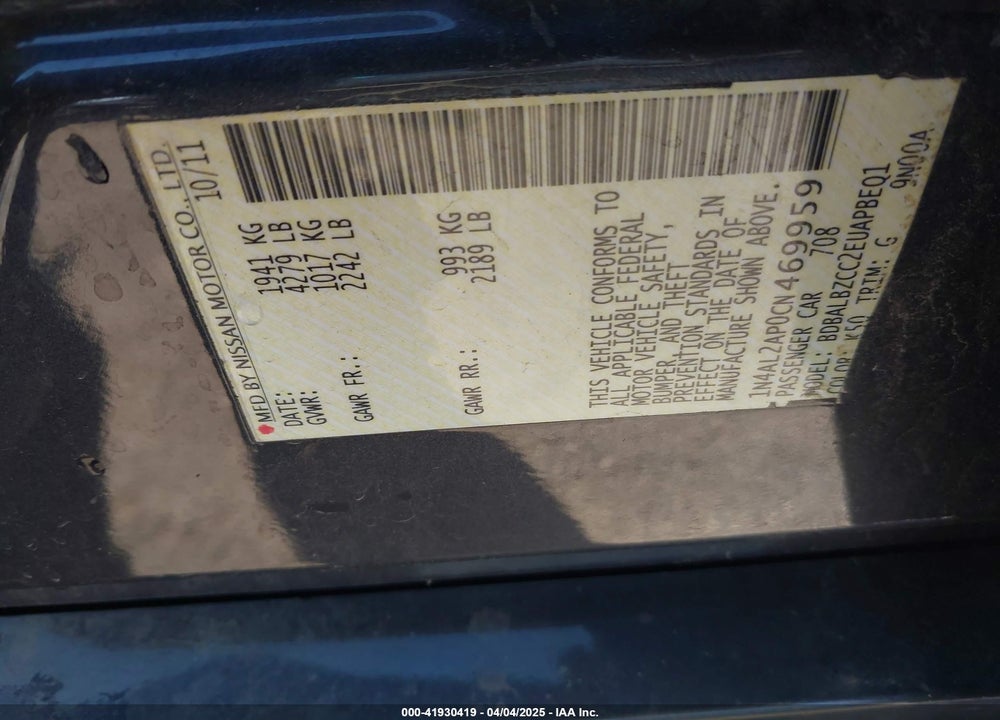 2012 NISSAN ALTIMA 2.5 S VIN: 1N4AL2AP0CN469959