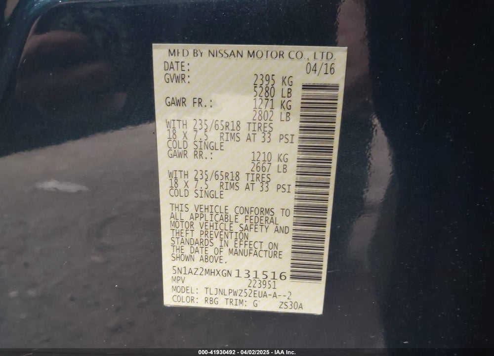 2016 NISSAN MURANO S VIN: 5N1AZ2MHXGN131516