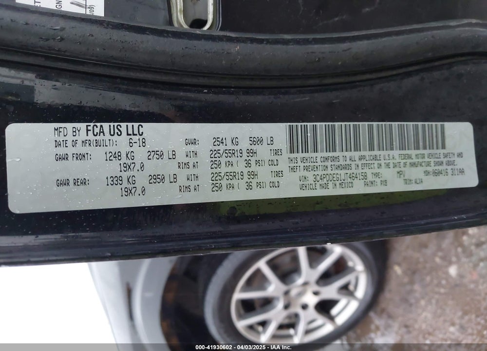 2018 DODGE JOURNEY VIN: 3C4PDDEG1JT464158