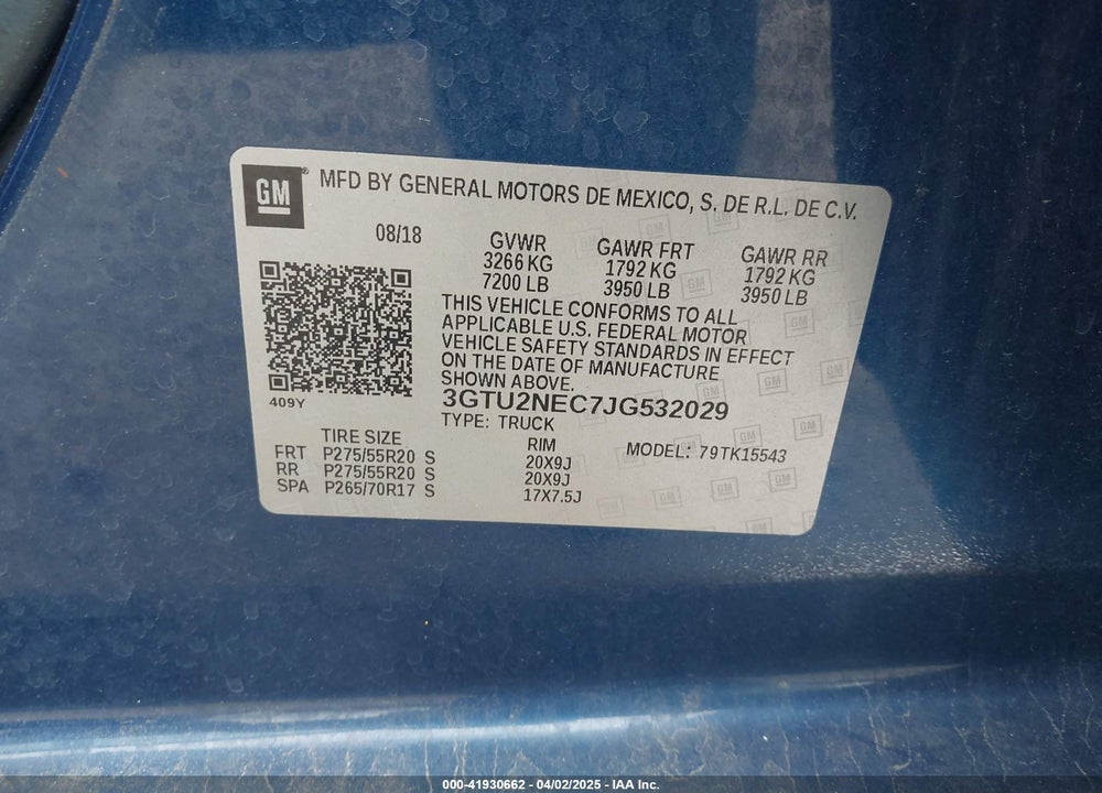 2018 GMC SIERRA 1500 VIN: 3GTU2NEC7JG532029