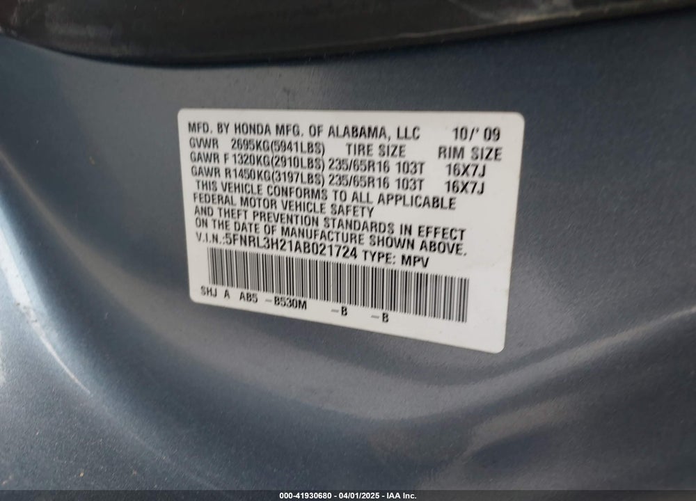 2010 HONDA ODYSSEY VIN: 5FNRL3H21AB021724