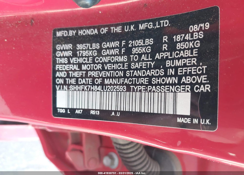 2020 HONDA CIVIC VIN: SHHFK7H84LU202593