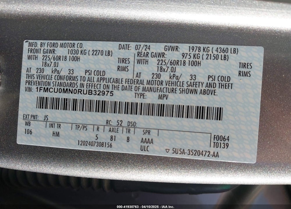 2024 FORD ESCAPE VIN: 1FMCU0MN0RUB32975