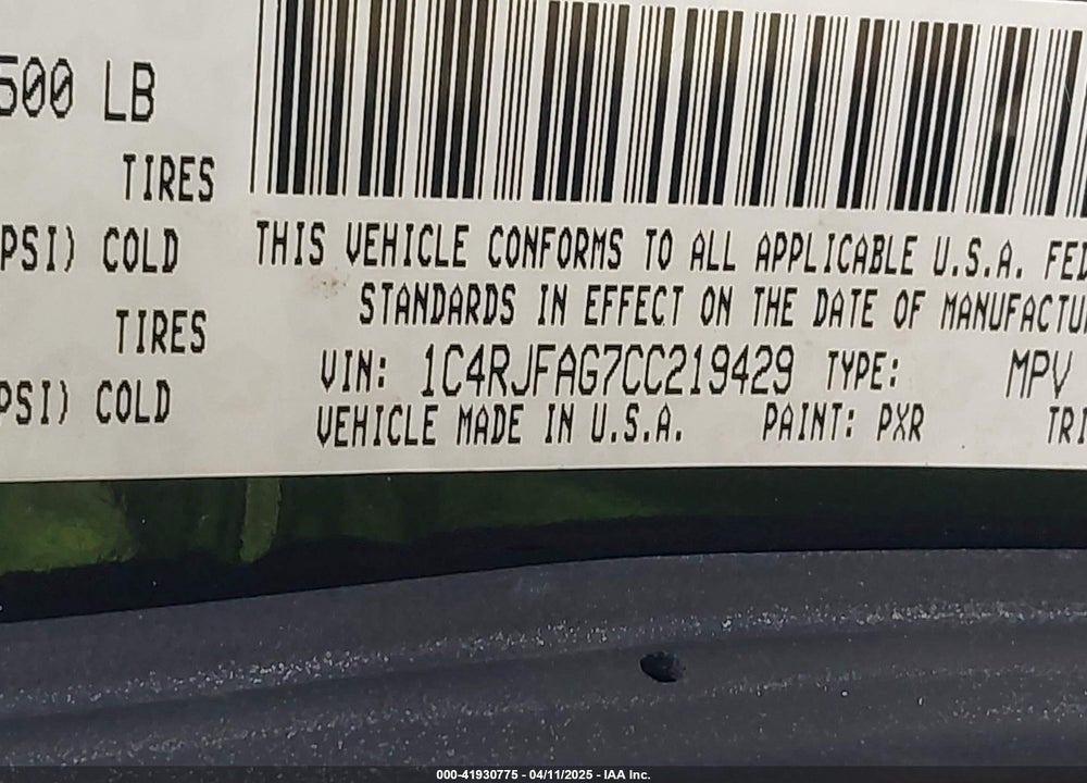 2012 JEEP GRAND CHEROKEE VIN: 1C4RJFAG7CC219429