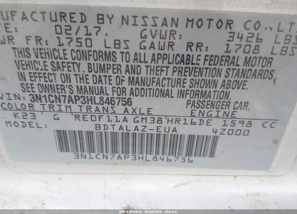 2017 NISSAN VERSA VIN: 3N1CN7AP3HL846756