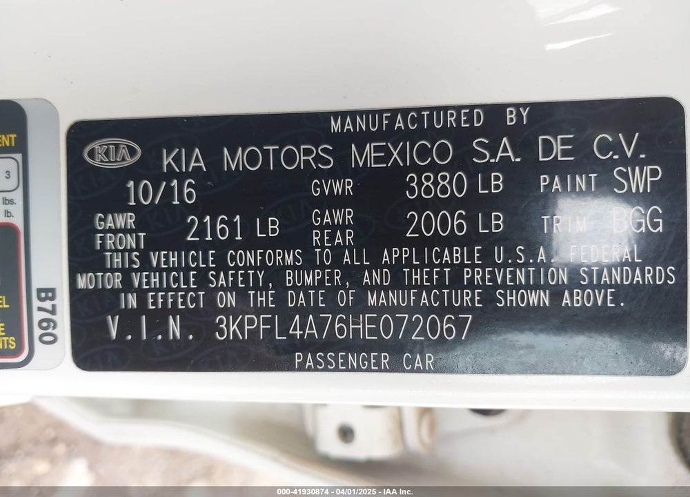 2017 KIA FORTE LX VIN: 3KPFL4A76HE072067