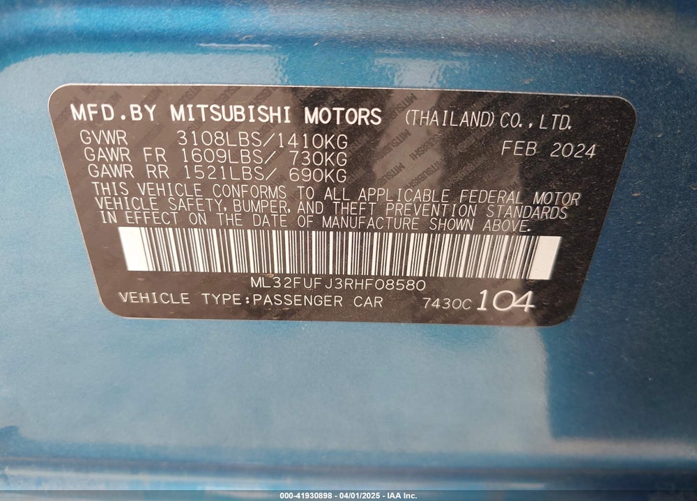 2024 MITSUBISHI MIRAGE G4 LE VIN: ML32FUFJ3RHF08580