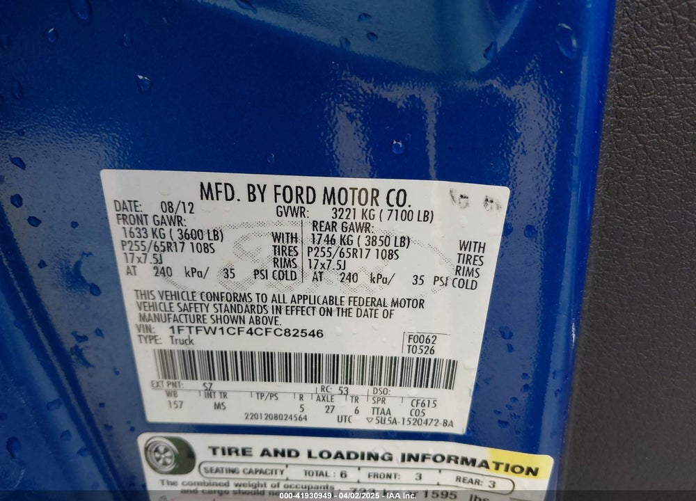 2012 FORD F-150 XLT VIN: 1FTFW1CF4CFC82546
