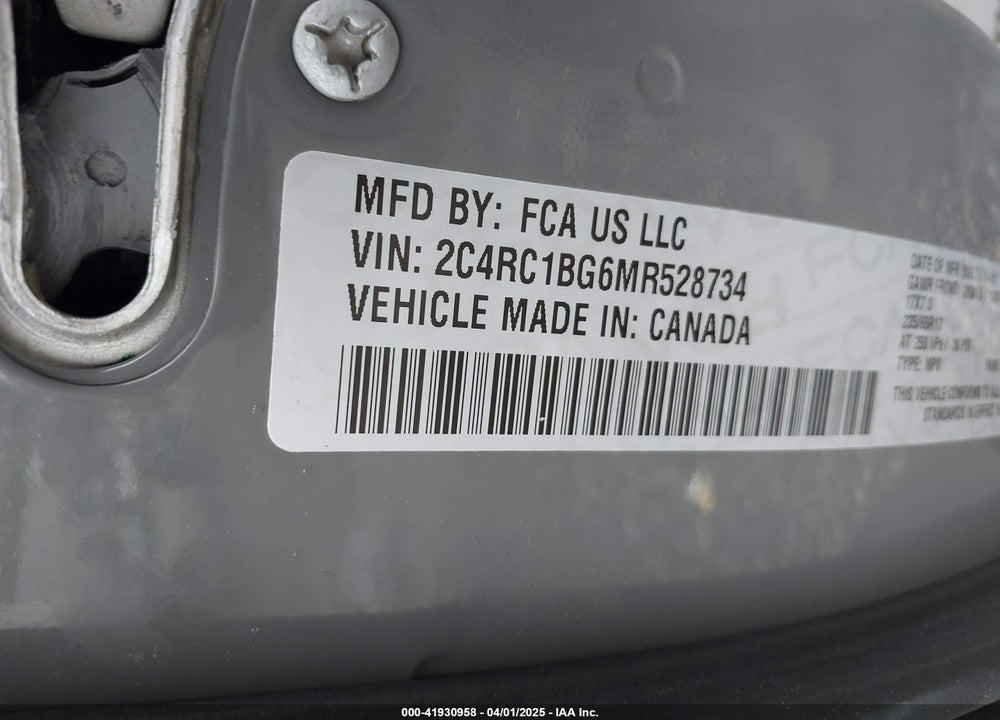 2021 CHRYSLER PACIFICA VIN: 2C4RC1BG6MR528734