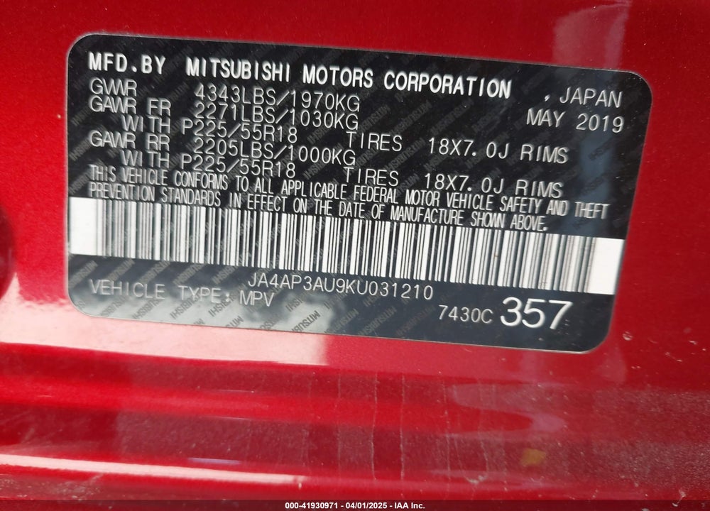 2019 MITSUBISHI OUTLANDER SPORT VIN: JA4AP3AU9KU031210
