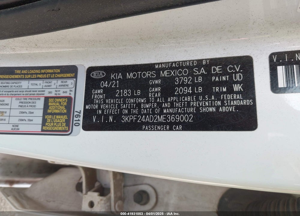 2021 KIA FORTE VIN: 3KPF24AD2ME369002