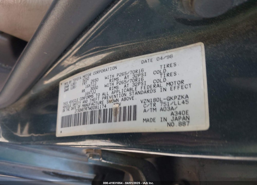 1998 TOYOTA 4RUNNER SR5 V6 LIMITED VIN: JT3GN87R7W0081174