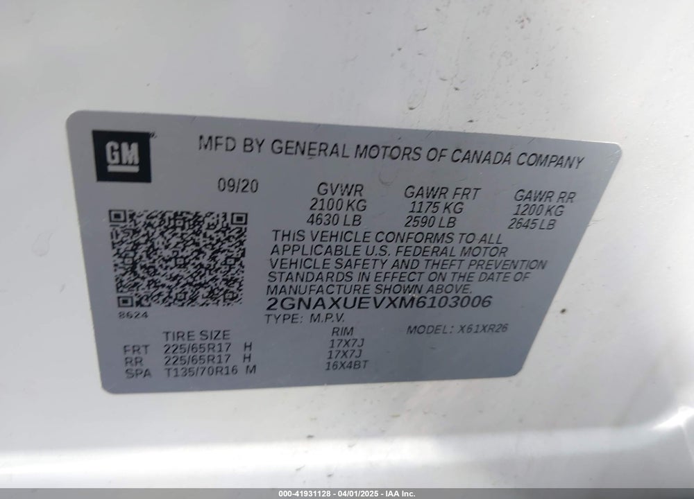 2021 CHEVROLET EQUINOX VIN: 2GNAXUEVXM6103006