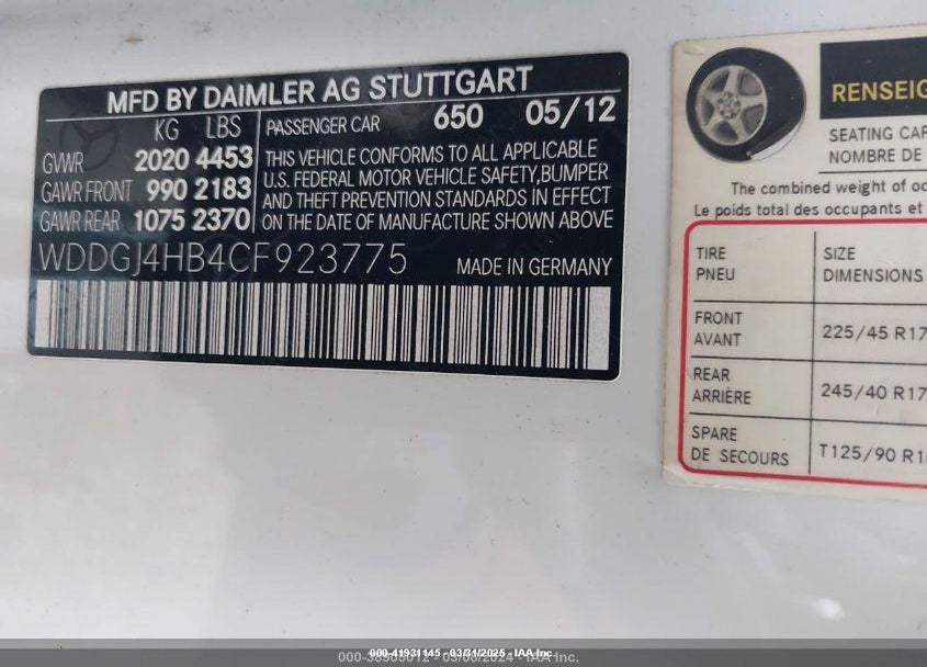 2012 MERCEDES-BENZ C CLASS VIN: WDDGJ4HB4CF923775