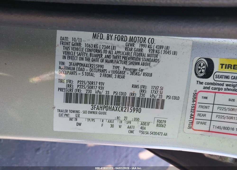 2012 FORD FUSION SE VIN: 3FAHP0HAXCR215990