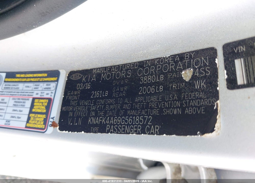 2016 KIA FORTE VIN: KNAFK4A69G5618572