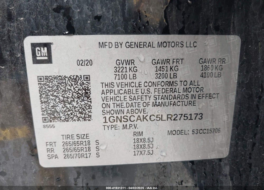 2020 CHEVROLET TAHOE 2WD LS VIN: 1GNSCAKC5LR275173