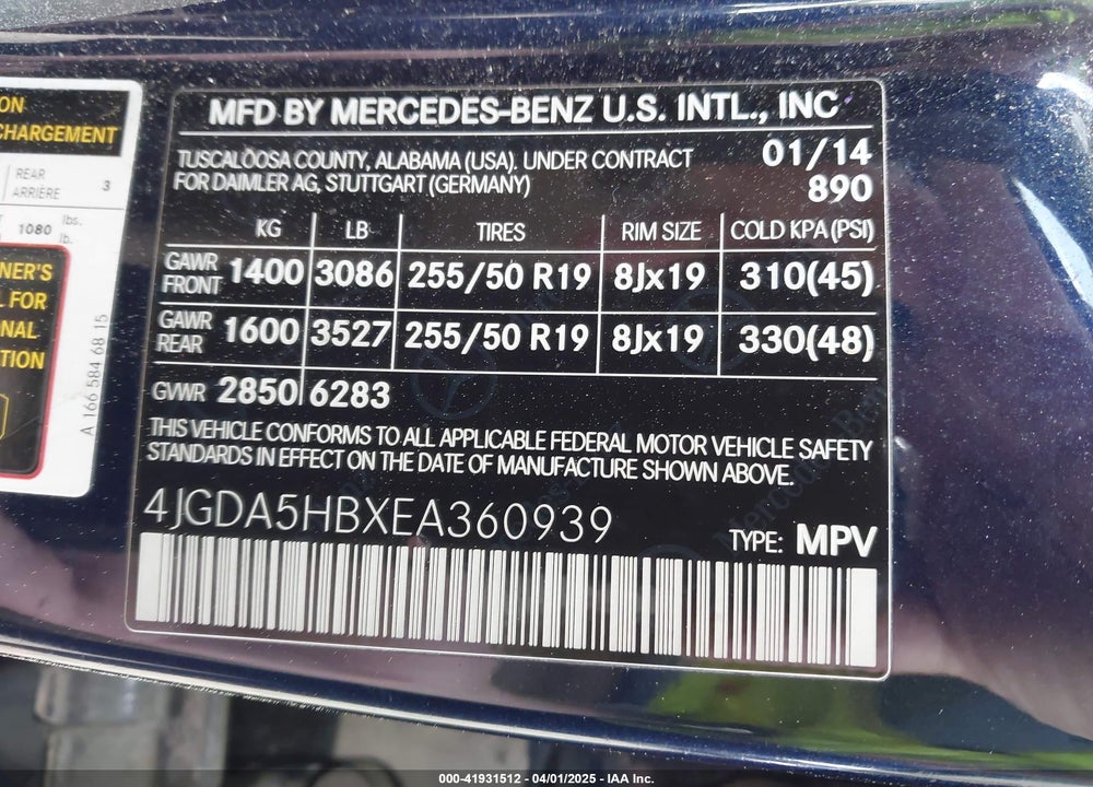 2014 MERCEDES-BENZ ML 350 4MATIC VIN: 4JGDA5HBXEA360939