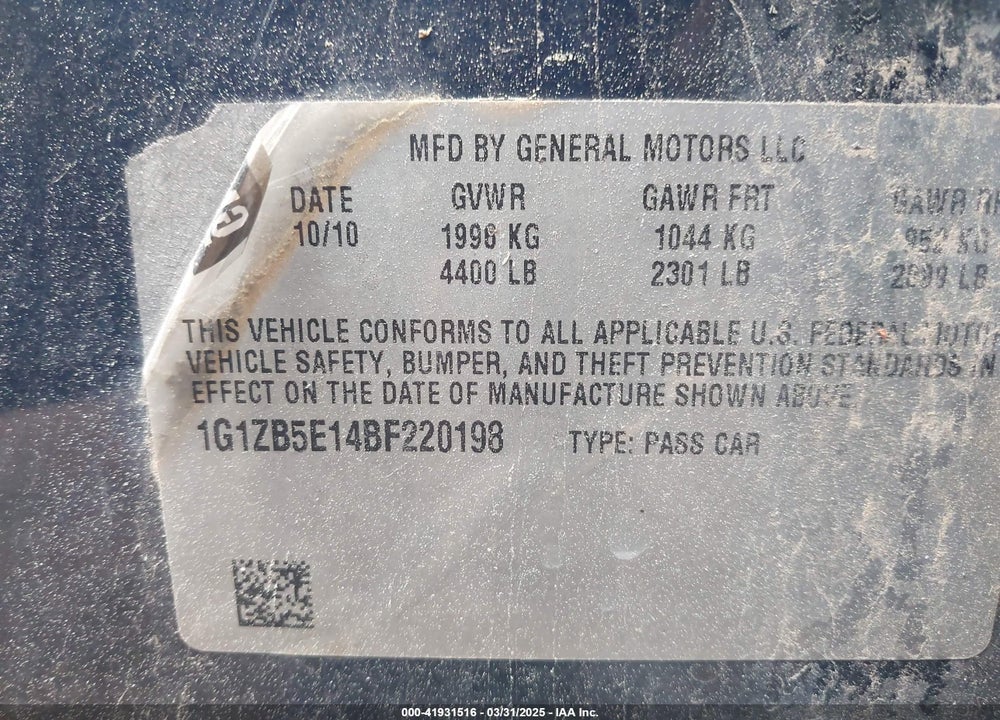 2011 CHEVROLET MALIBU VIN: 1G1ZB5E14BF220198