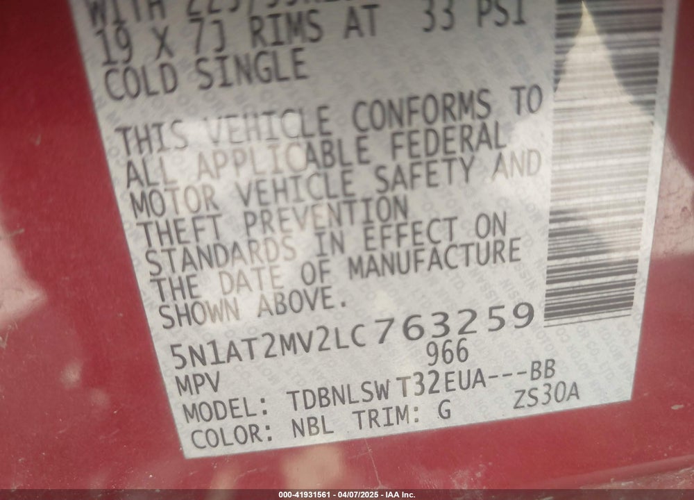 2020 NISSAN ROGUE VIN: 5N1AT2MV2LC763259